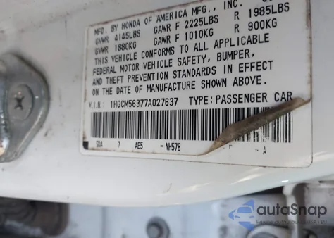 2007 Honda Accord 2.4 Se из США, поврежденный, VIN 1HGCM56377A027637